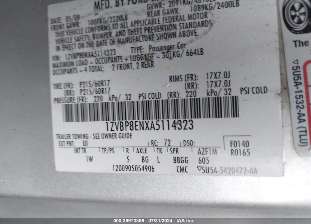 2010 FORD MUSTANG V6/V6 PREMIUM VIN: 1ZVBP8ENXA5114323