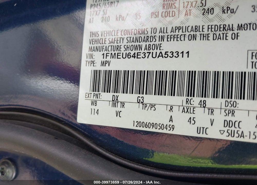 2007 FORD EXPLORER EDDIE BAUER VIN: 1FMEU64E37UA53311