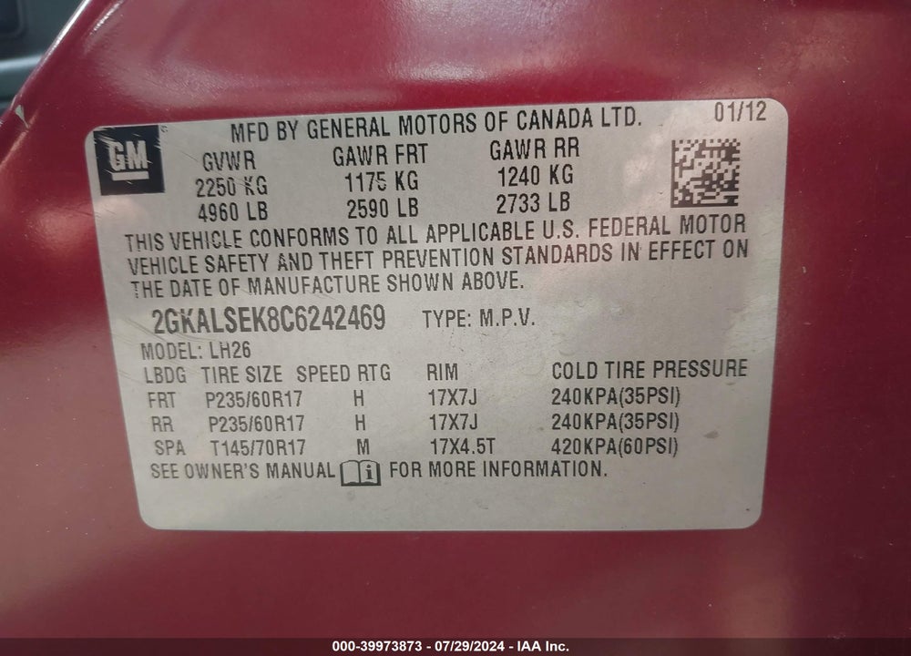 2012 GMC TERRAIN SLE-2 VIN: 2GKALSEK8C6242469