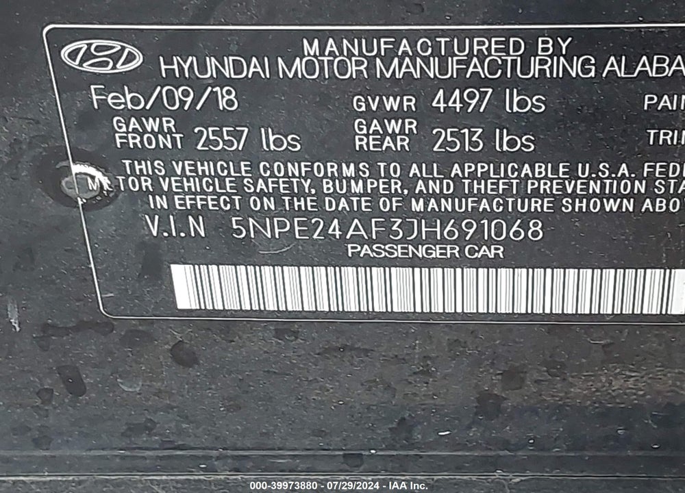 2018 HYUNDAI SONATA SE VIN: 5NPE24AF3JH691068