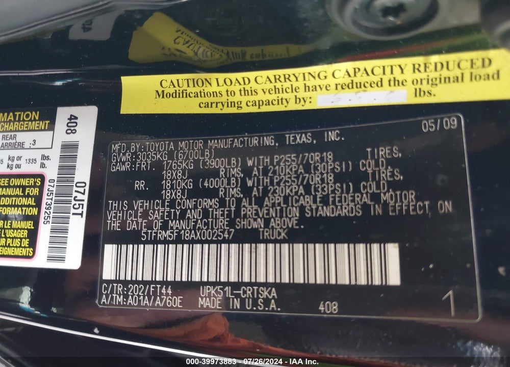 2010 TOYOTA TUNDRA GRADE 4.6L V8 VIN: 5TFRM5F18AX002547