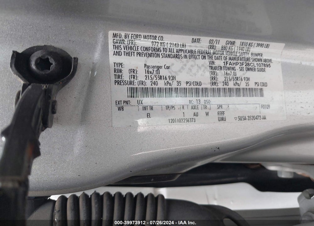 2012 FORD FOCUS SE VIN: 1FAHP3F28CL107895