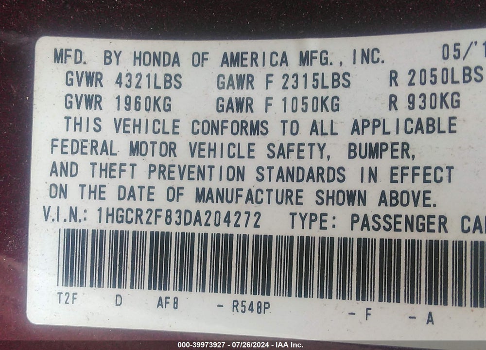 2013 HONDA ACCORD EX-L VIN: 1HGCR2F83DA204272