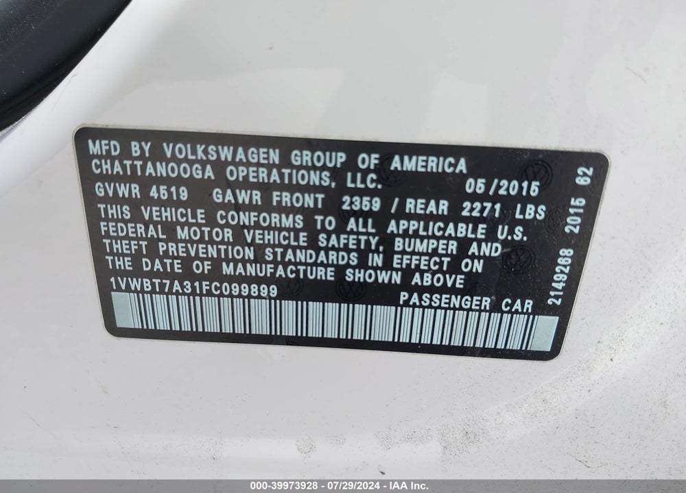 2015 VOLKSWAGEN PASSAT VIN: 1VWBT7A31FC099899