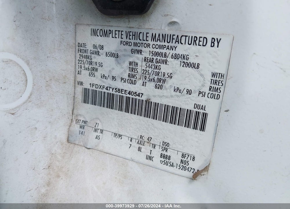 2008 FORD F-450 CHASSIS XL/XLT VIN: 1FDXF47Y58EE40547