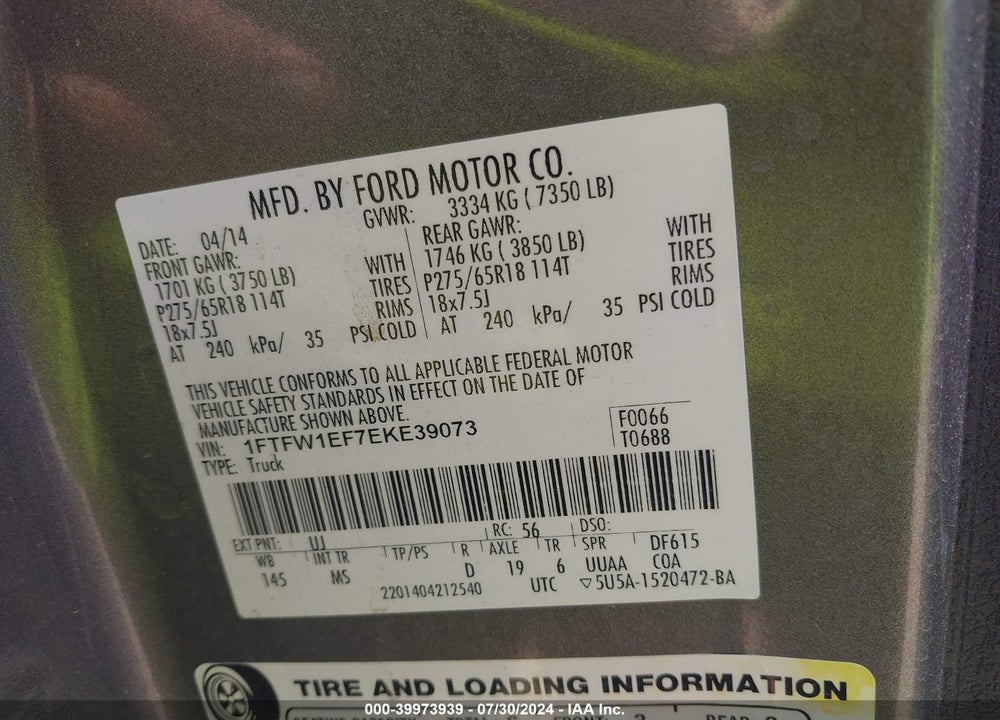 2014 FORD F-150 XLT VIN: 1FTFW1EF7EKE39073