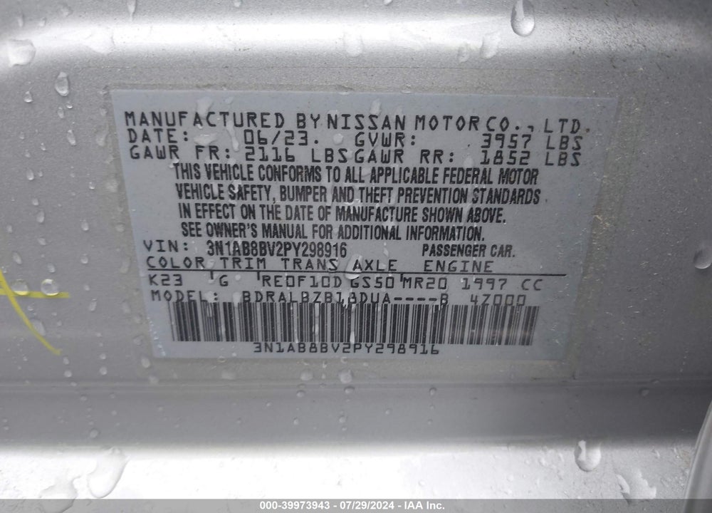 2023 NISSAN SENTRA S XTRONIC CVT VIN: 3N1AB8BV2PY298916