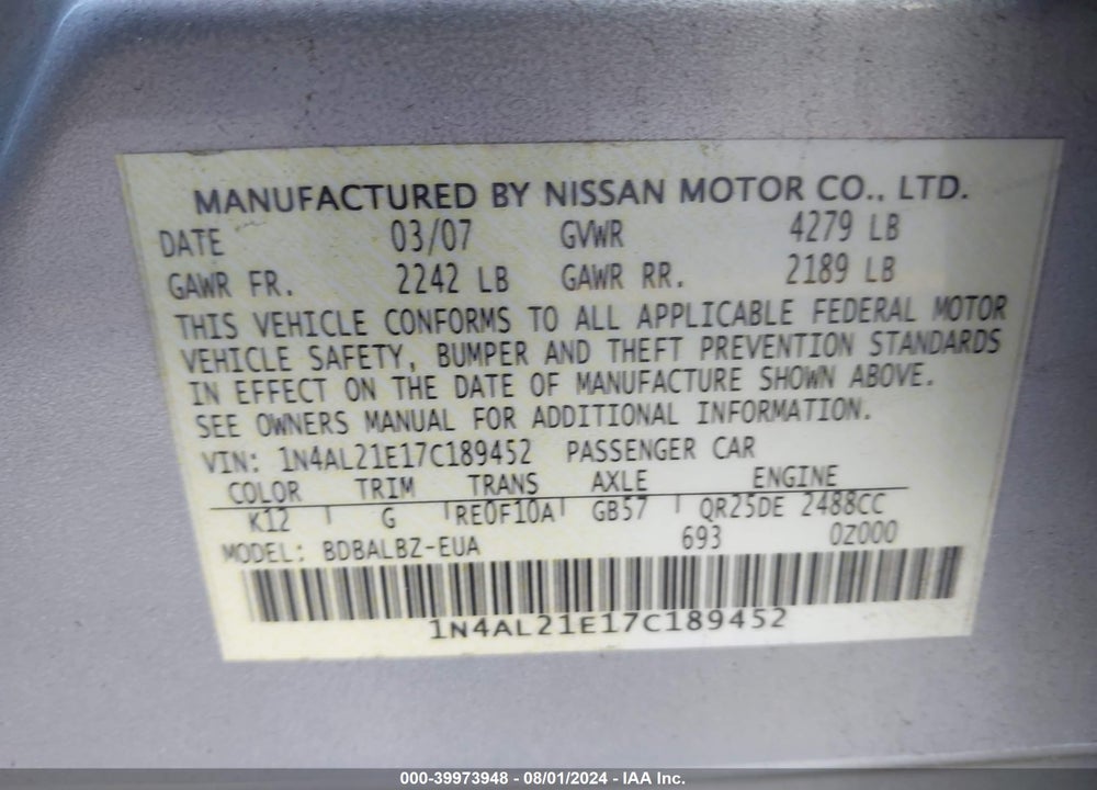 2007 NISSAN ALTIMA 2.5 S VIN: 1N4AL21E17C189452
