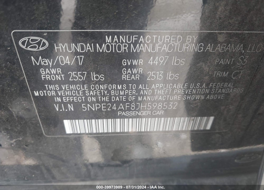 2018 HYUNDAI SONATA SE VIN: 5NPE24AF8JH598532