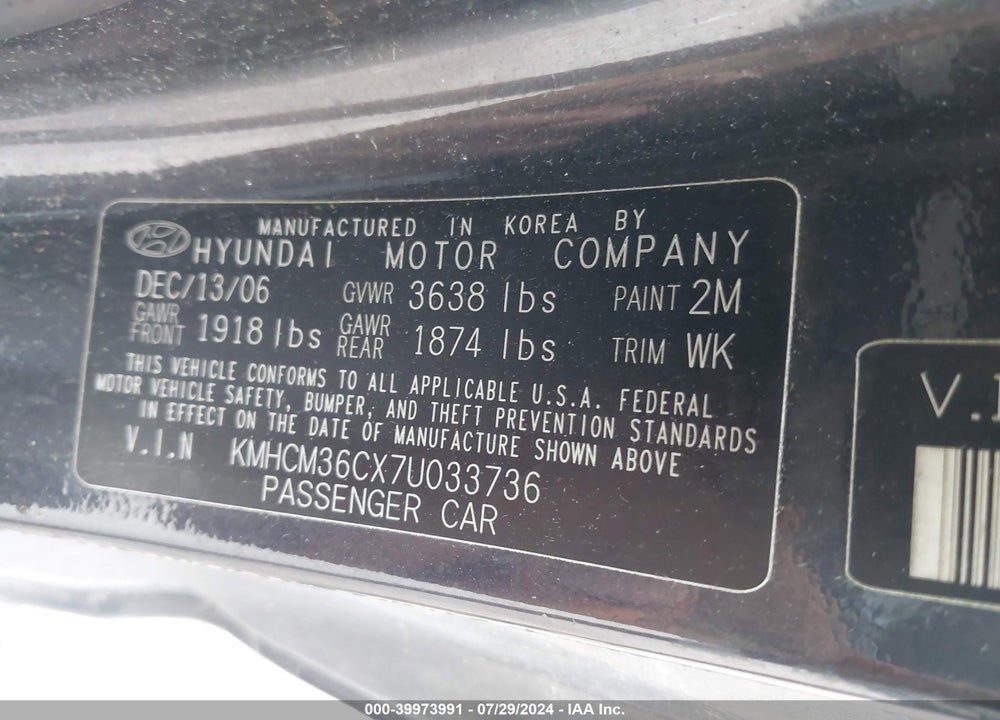 2007 HYUNDAI ACCENT GS VIN: KMHCM36CX7U033736