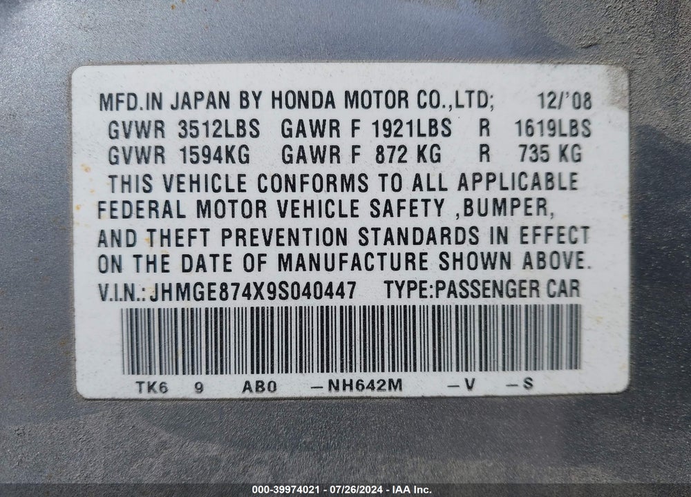 2009 HONDA FIT SPORT VIN: JHMGE874X9S040447