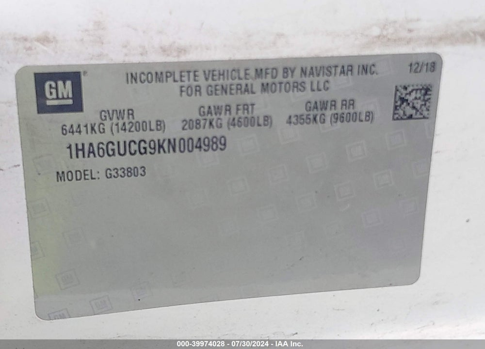 2019 CHEVROLET EXPRESS CUTAWAY 4500 VAN VIN: 1HA6GUCG9KN004989