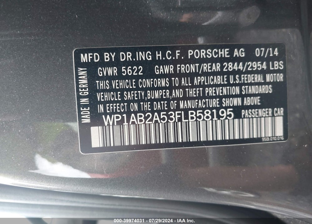 2015 PORSCHE MACAN S VIN: WP1AB2A53FLB58195
