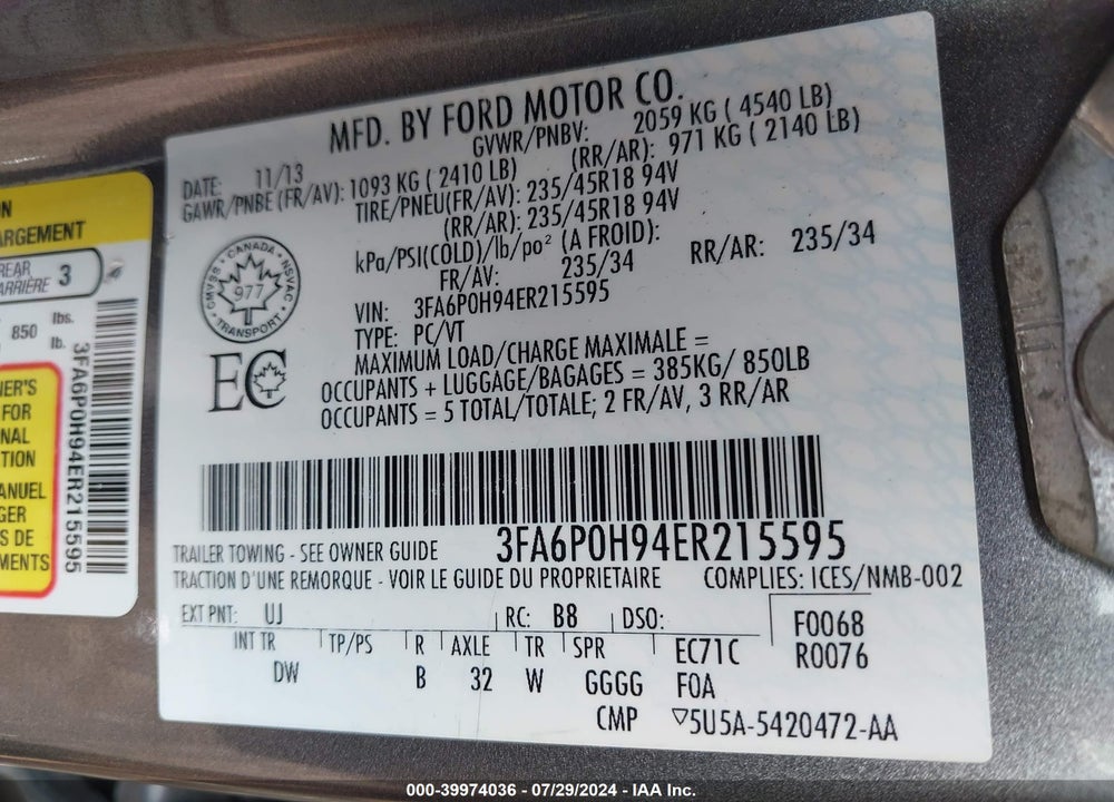 2014 FORD FUSION SE VIN: 3FA6P0H94ER215595