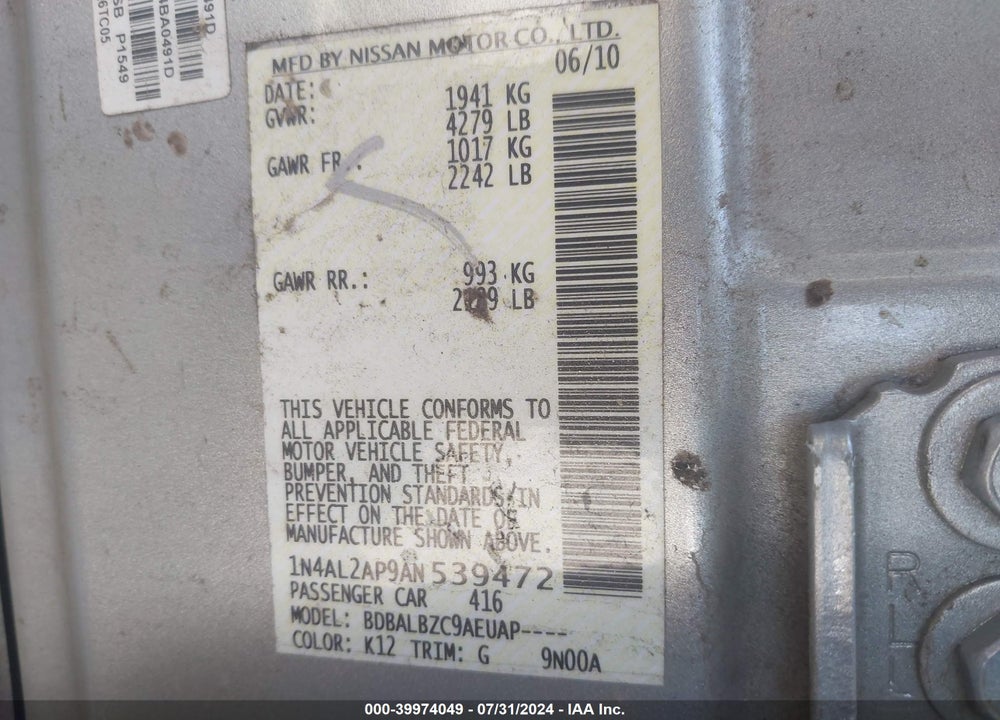 2010 NISSAN ALTIMA 2.5 S VIN: 1N4AL2AP9AN539472