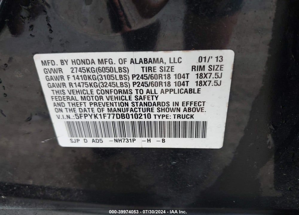 2013 HONDA RIDGELINE SPORT VIN: 5FPYK1F77DB010210