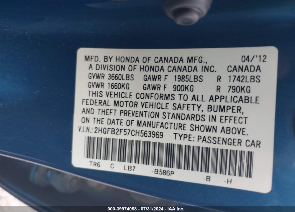 2012 HONDA CIVIC LX VIN: 2HGFB2F57CH563969