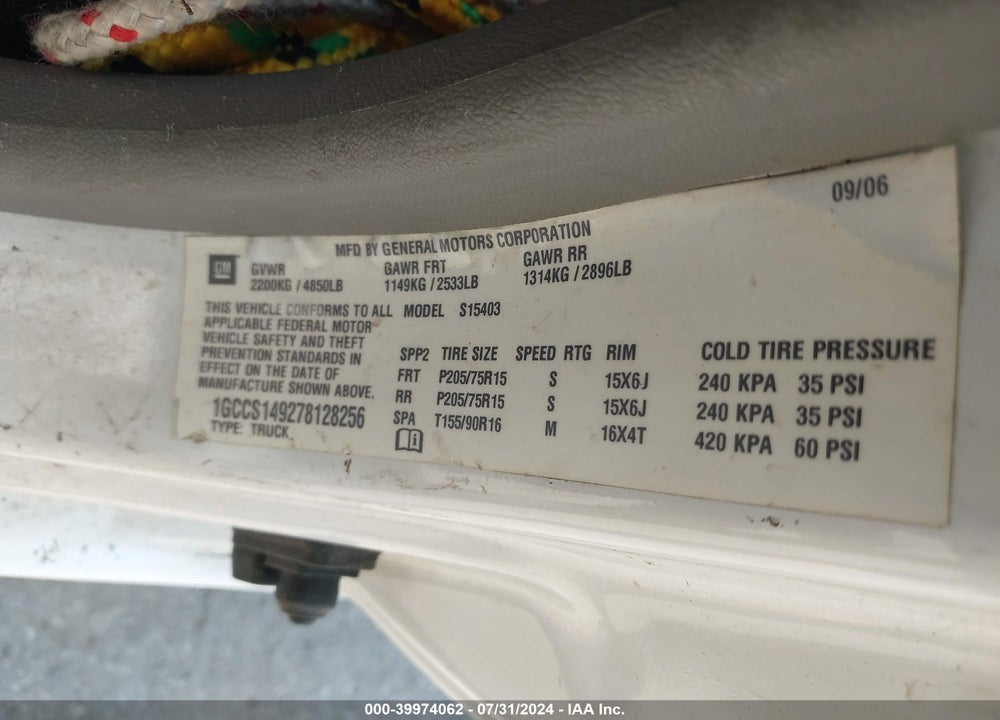 2007 CHEVROLET COLORADO WORK TRUCK VIN: 1GCCS149278128256