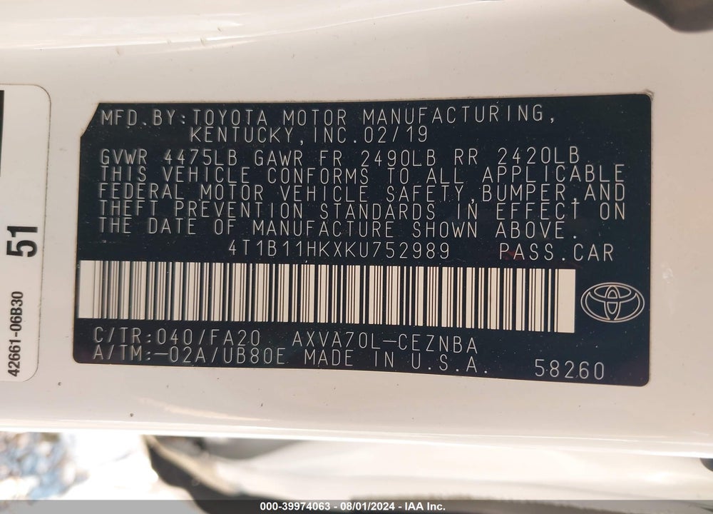 2019 TOYOTA CAMRY LE VIN: 4T1B11HKXKU752989