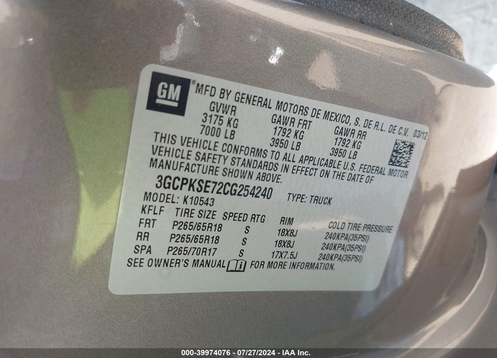2012 CHEVROLET SILVERADO 1500 LT VIN: 3GCPKSE72CG254240