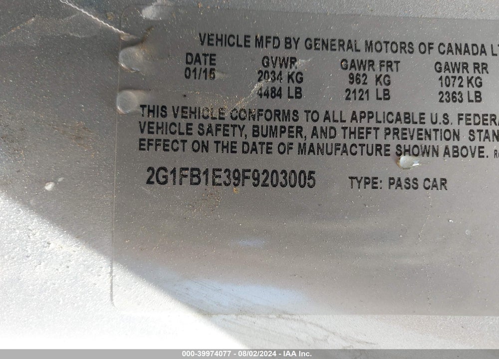 2015 CHEVROLET CAMARO 2LS VIN: 2G1FB1E39F9203005