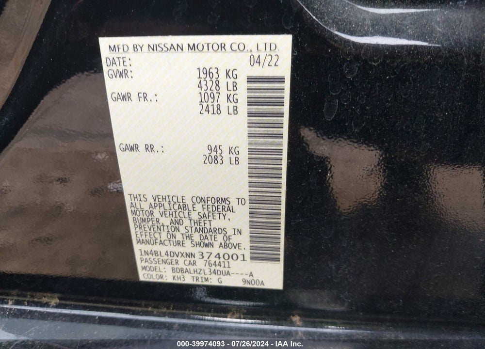 2022 NISSAN ALTIMA SV FWD VIN: 1N4BL4DVXNN374001