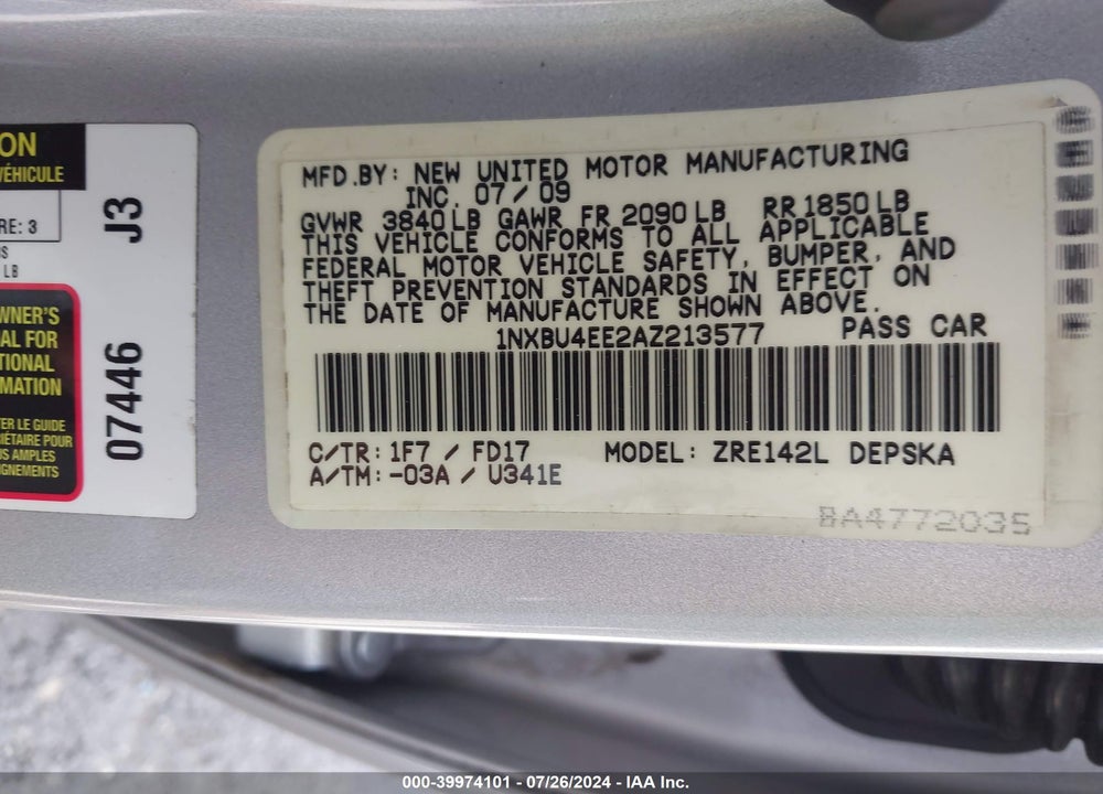 2010 TOYOTA COROLLA S VIN: 1NXBU4EE2AZ213577
