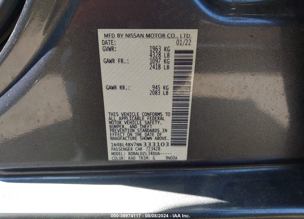 2022 NISSAN ALTIMA S FWD VIN: 1N4BL4BV7NN333103