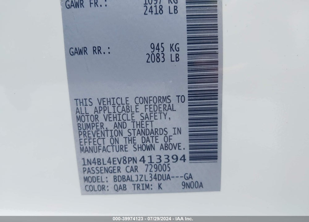 2023 NISSAN ALTIMA SL FWD VIN: 1N4BL4EV8PN413394