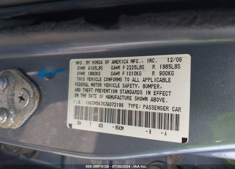 2007 HONDA ACCORD 2.4 EX VIN: 1HGCM567X7A072199
