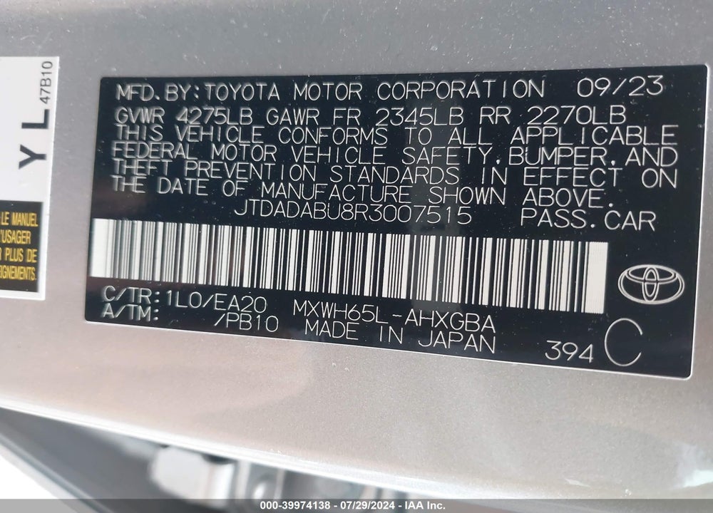 2024 TOYOTA PRIUS XLE AWD-E VIN: JTDADABU8R3007515