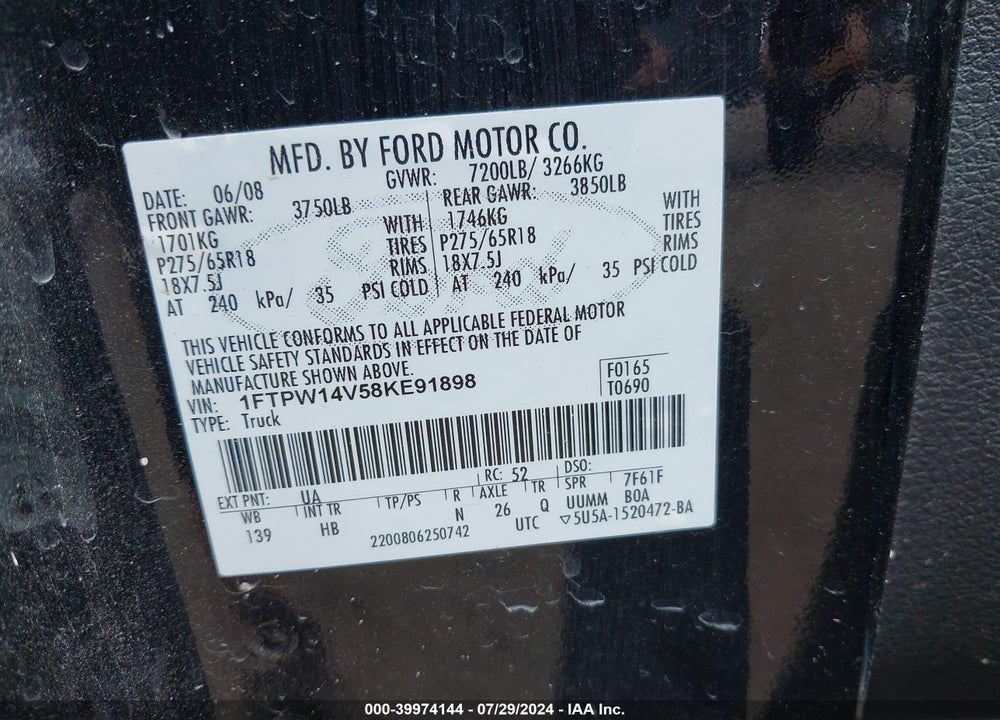 2008 FORD F-150 60TH ANNIVERSARY/FX4/KING RANCH/LARIAT/XLT VIN: 1FTPW14V58KE91898