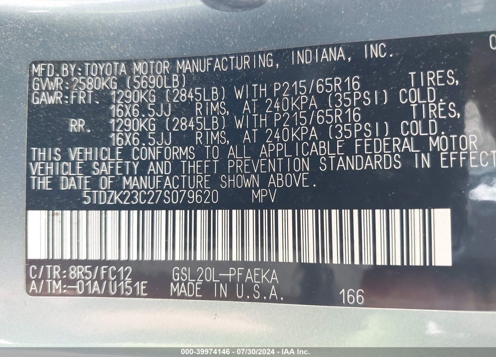 2007 TOYOTA SIENNA LE VIN: 5TDZK23C27S079620