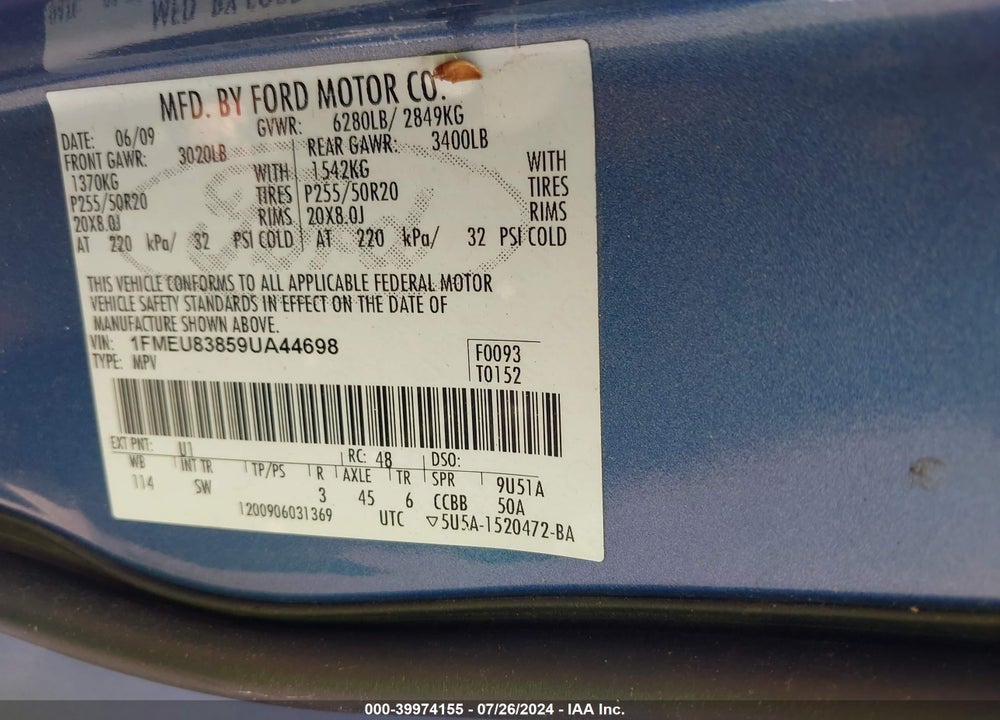 2009 FORD EXPLORER XLT VIN: 1FMEU83859UA44698