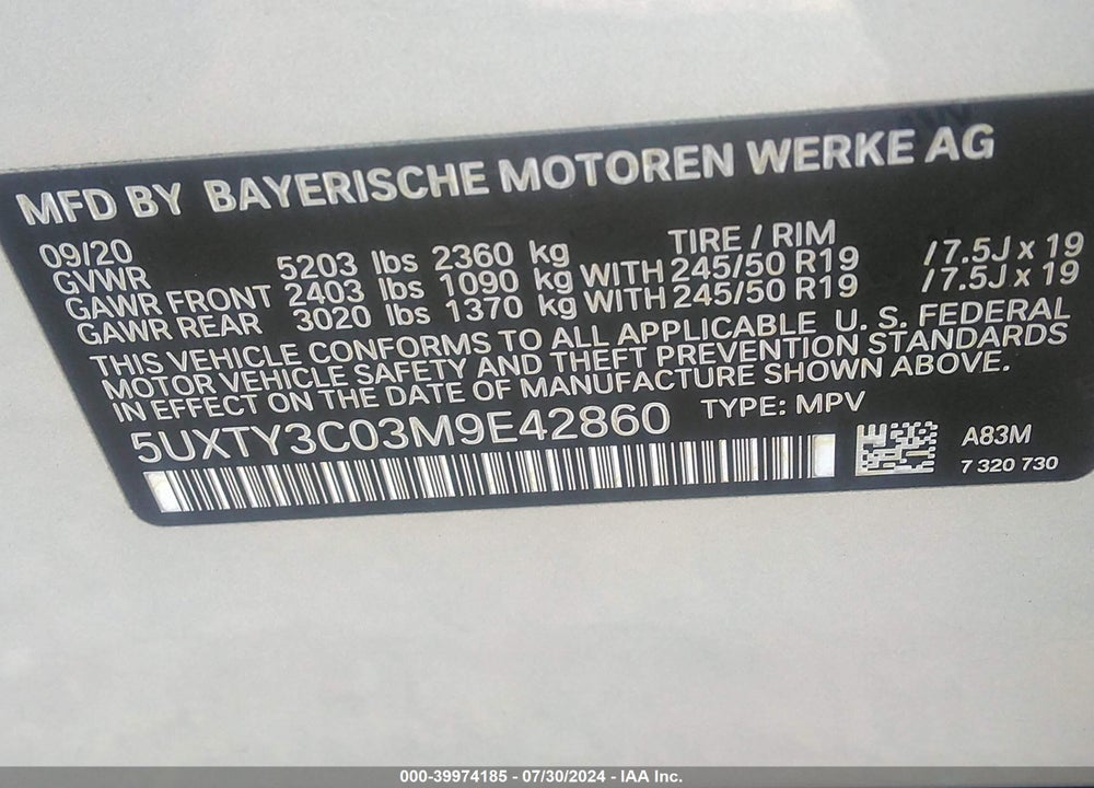 2021 BMW X3 SDRIVE30I VIN: 5UXTY3C03M9E42860