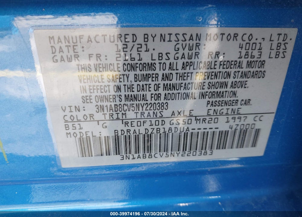 2022 NISSAN SENTRA VIN: 3N1AB8CV5NY220383
