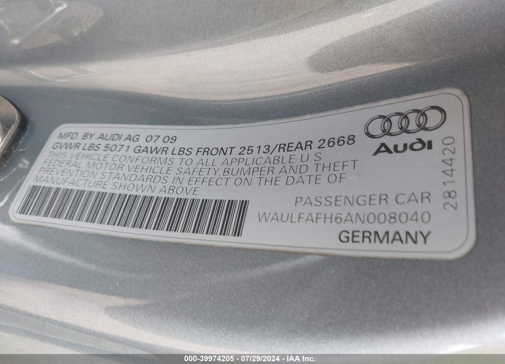 2010 AUDI A5 VIN: WAULFAFH6AN008040