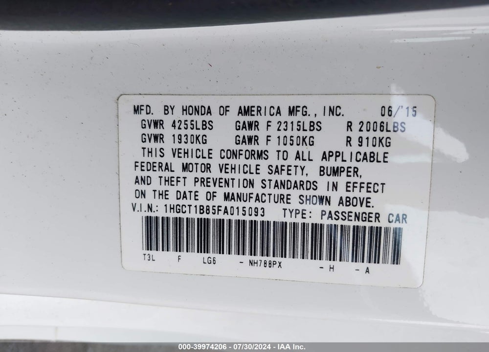 2015 HONDA ACCORD EX-L VIN: 1HGCT1B85FA015093