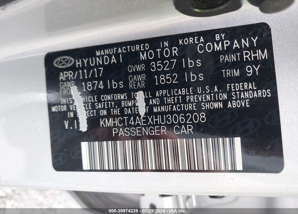 2017 HYUNDAI ACCENT VIN: KMHCT4AEXHU306208
