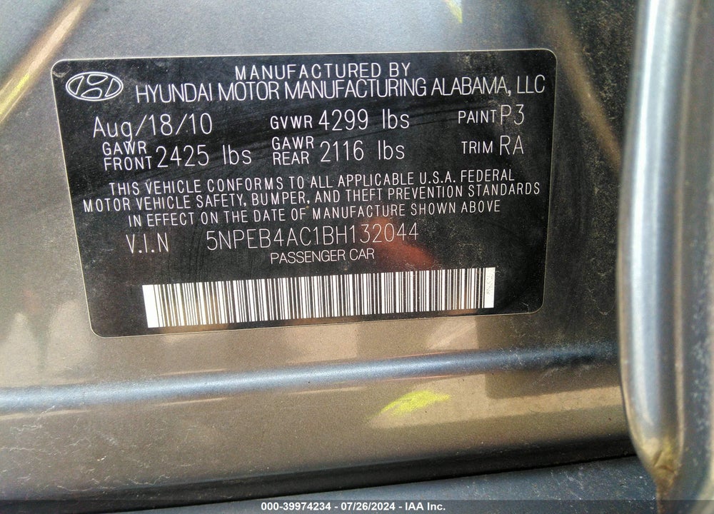 2011 HYUNDAI SONATA VIN: 5NPEB4AC1BH132044