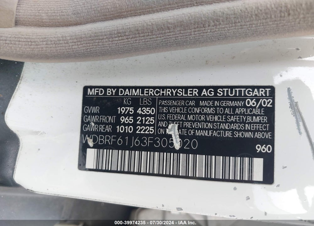 2003 MERCEDES-BENZ C 240 VIN: WDBRF61J63F305020