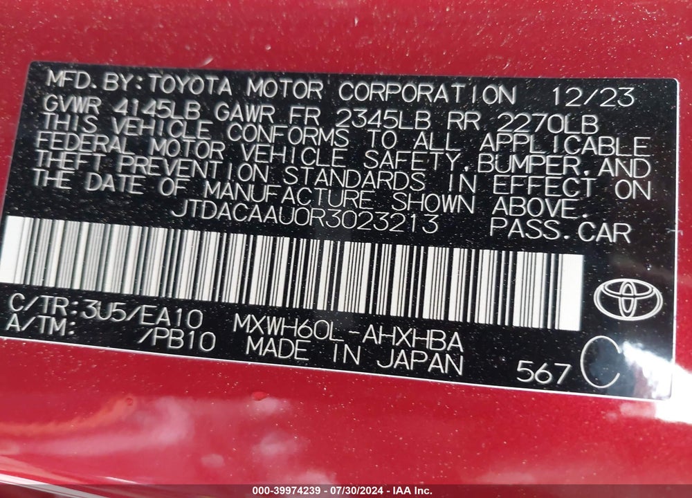 2024 TOYOTA PRIUS LIMITED VIN: JTDACAAU0R3023213