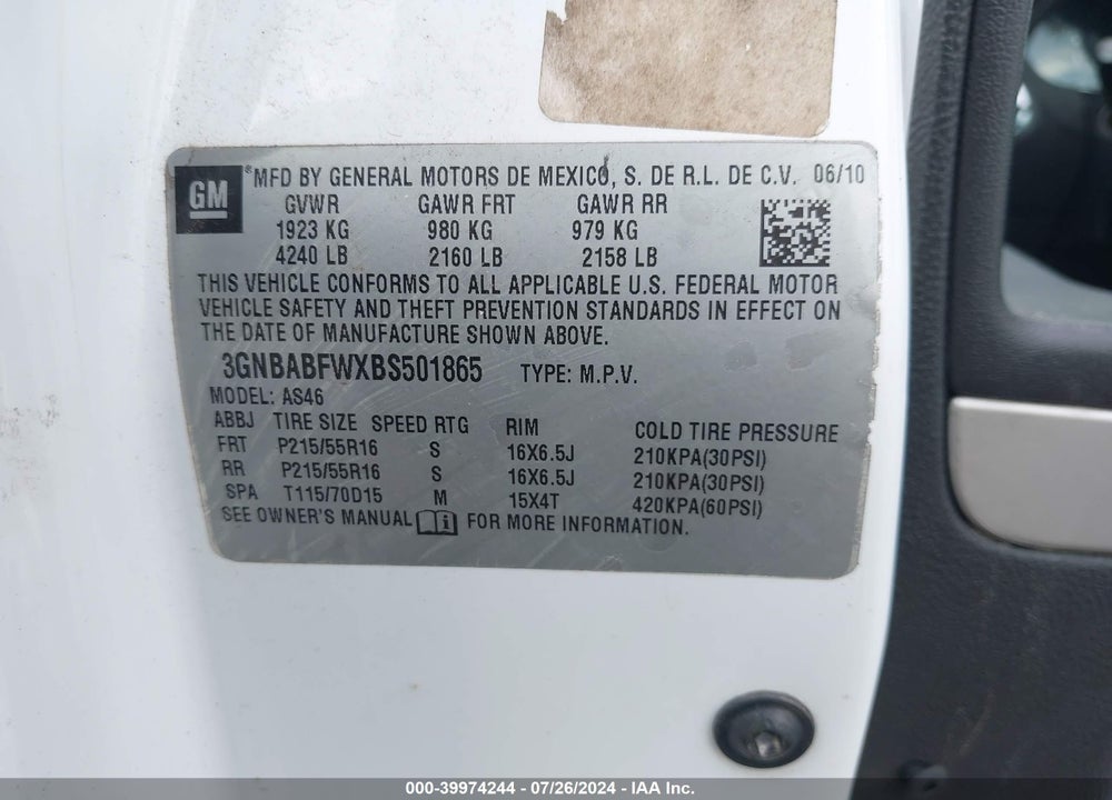 2011 CHEVROLET HHR LT VIN: 3GNBABFWXBS501865