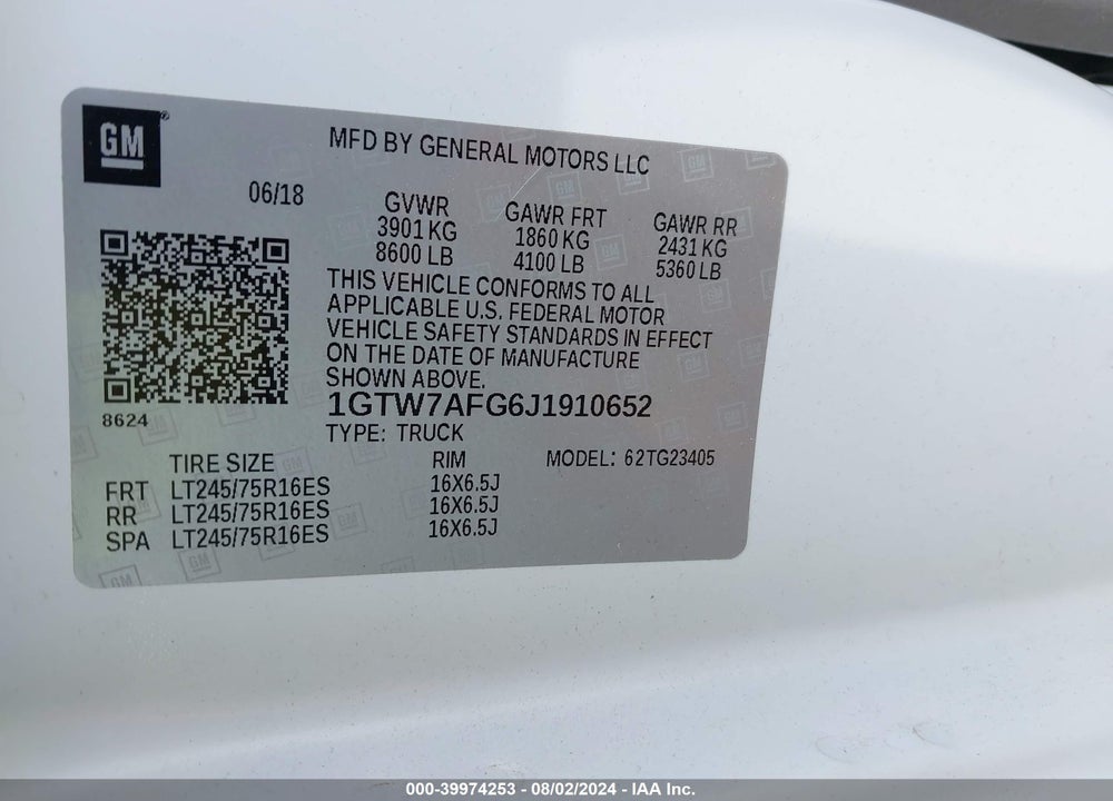 2018 GMC SAVANA 2500 WORK VAN VIN: 1GTW7AFG6J1910652