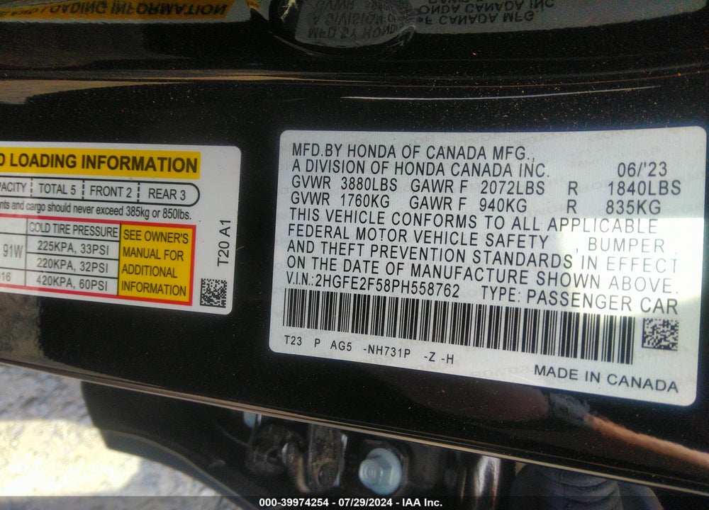 2023 HONDA CIVIC SPORT VIN: 2HGFE2F58PH558762