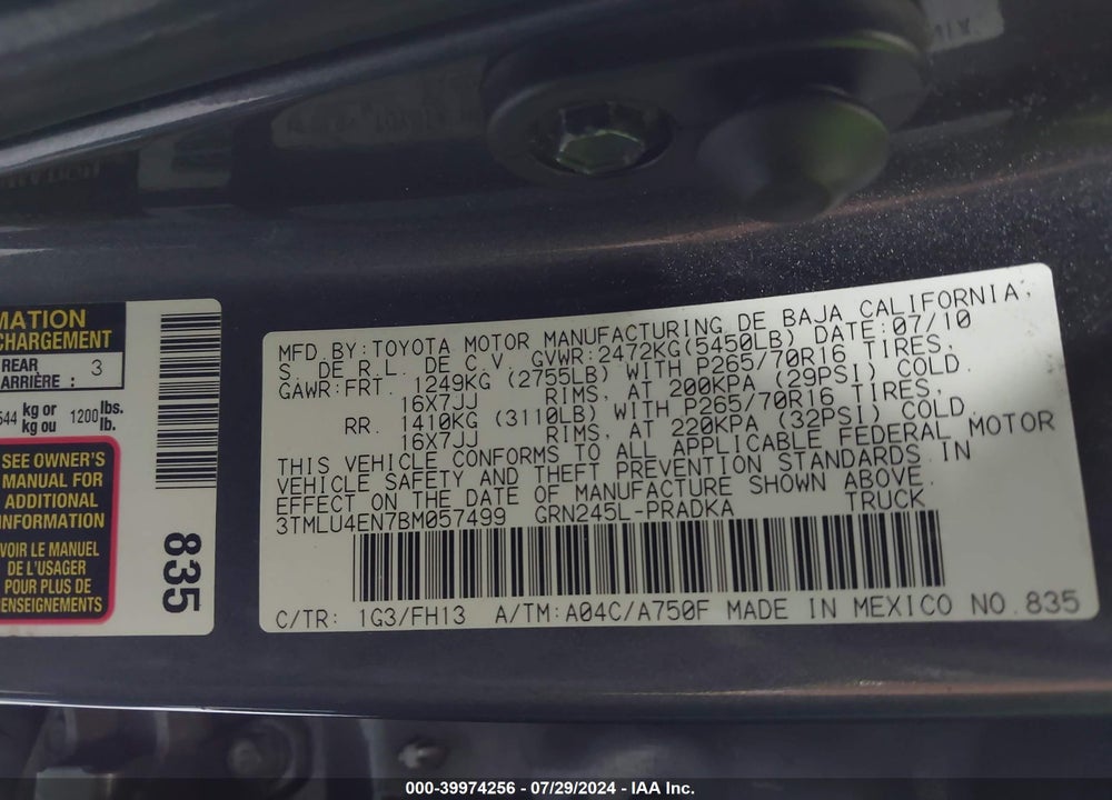 2011 TOYOTA TACOMA BASE V6 VIN: 3TMLU4EN7BM057499