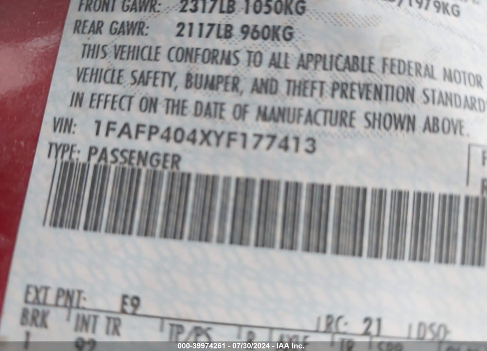 2000 FORD MUSTANG VIN: 1FAFP404XYF177413
