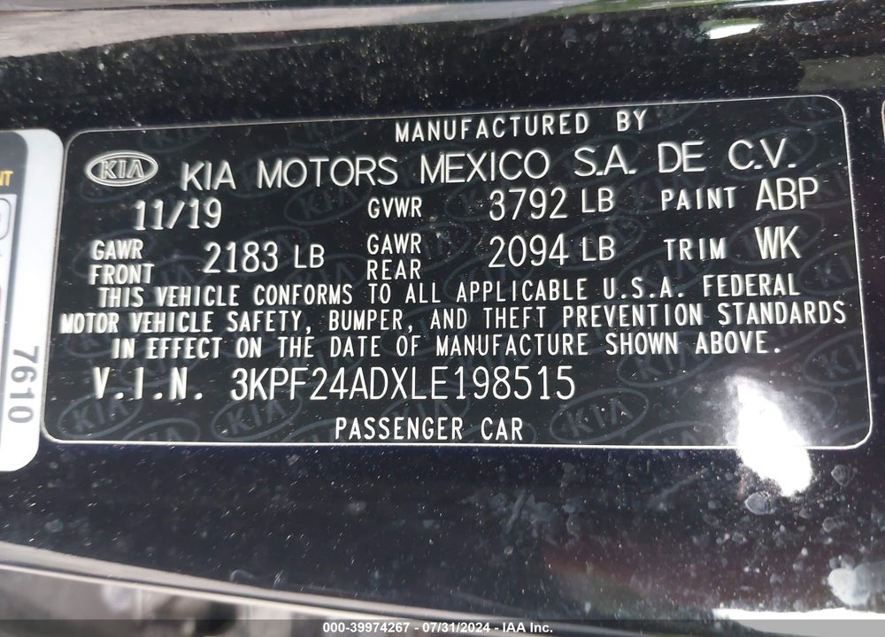 2020 KIA FORTE LXS VIN: 3KPF24ADXLE198515