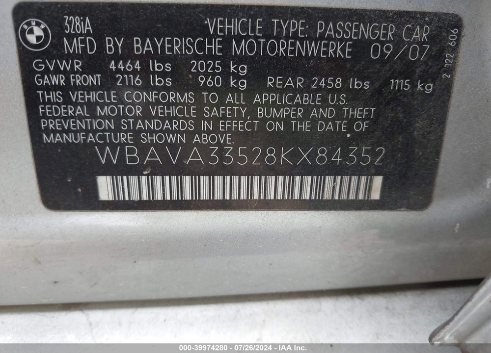 2008 BMW 328I VIN: WBAVA33528KX84352