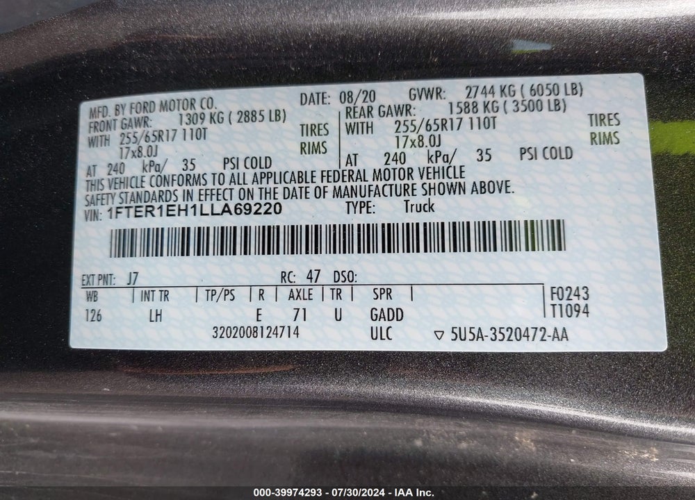 2020 FORD RANGER XL VIN: 1FTER1EH1LLA69220